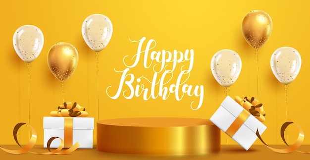 Birthday greeting vector background design. Happy birthday typography text with gold podium, balloon