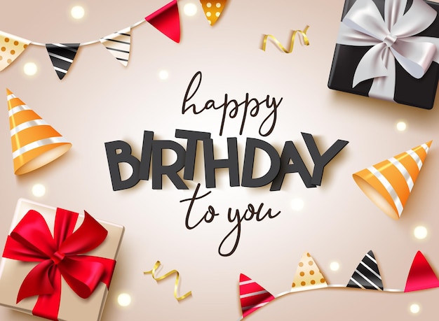 Birthday greeting vector background design. Happy birthday to you text with gifts pennants and gold.