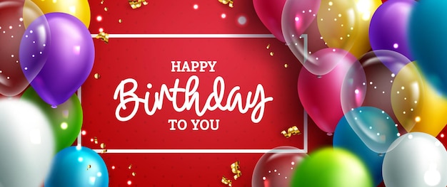 Birthday greeting vector template design. Happy birthday text in red space with floating balloons.