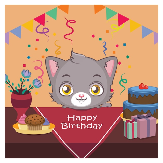 Vector birthday greeting with cute cat