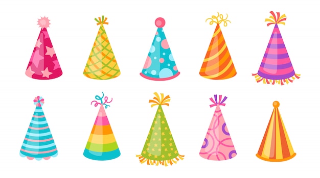 Vector birthday hat party cap set.  cartoon flat caps with patterns. isolated