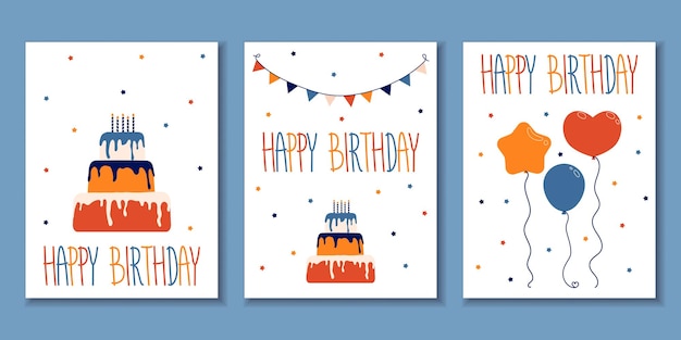 birthday, holiday greeting and invitation card. there are balloons, gift boxes, confetti, cup cake.