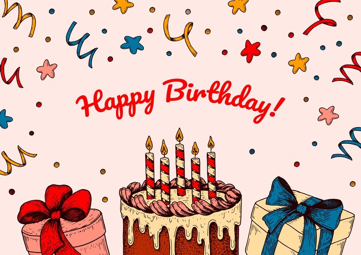 Vector 손으로 그린 요소가 있는 생일 가로 인사말 카드 디자인