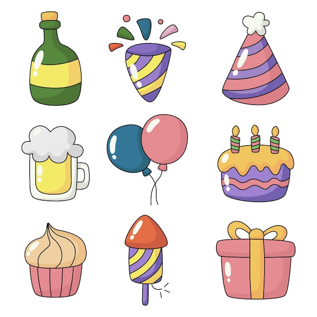 Vector birthday icons party celebration carnival festive items isolated on white background