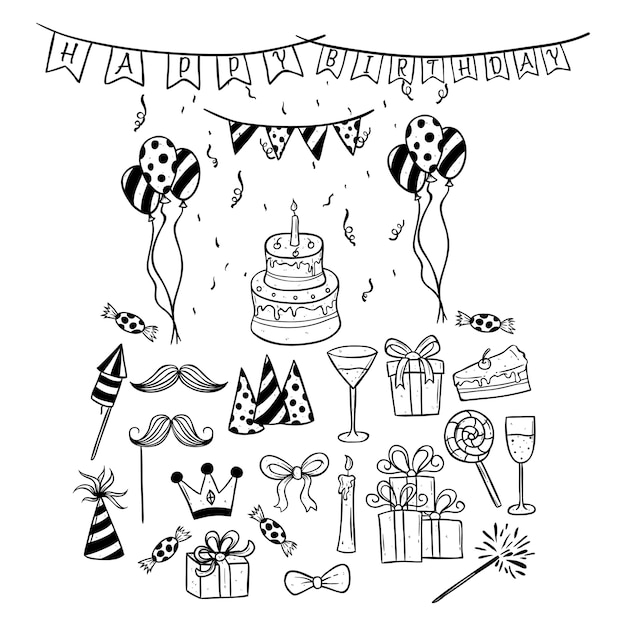 birthday icons set using hand drawing or doodle art