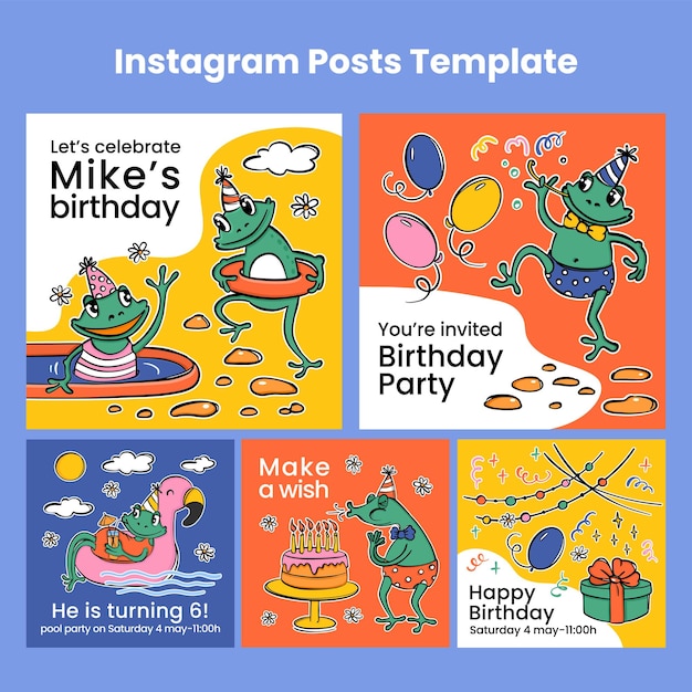 Birthday ig post frogs cute cartoon flat style vector set