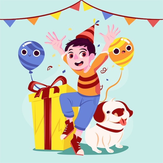 Birthday illustration with kid and dog