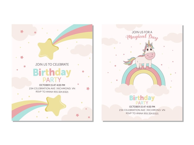 Vector birthday invitation card set with unicorn rainbows and stars