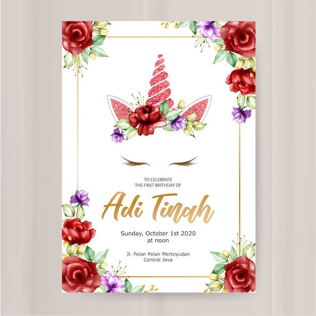 Birthday invitation card template, cute unicorn graphic with flower wreath