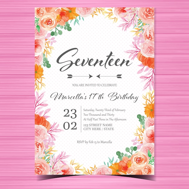 Vector birthday invitation card template with gorgeous watercolor flowers