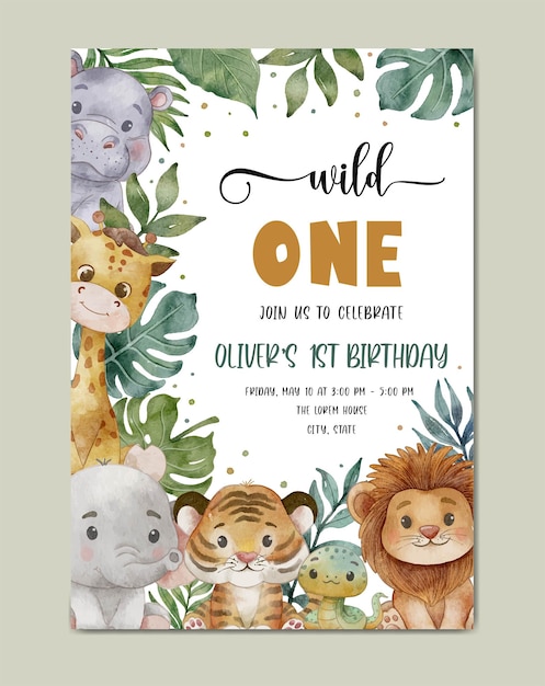 Birthday invitation card watercolor safari theme