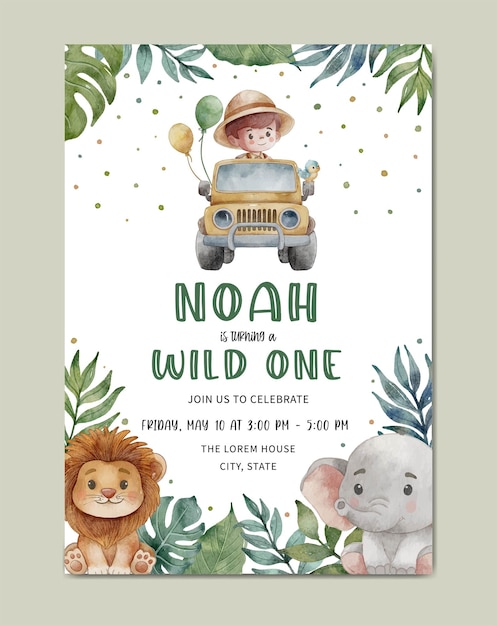 Birthday invitation card watercolor safari theme