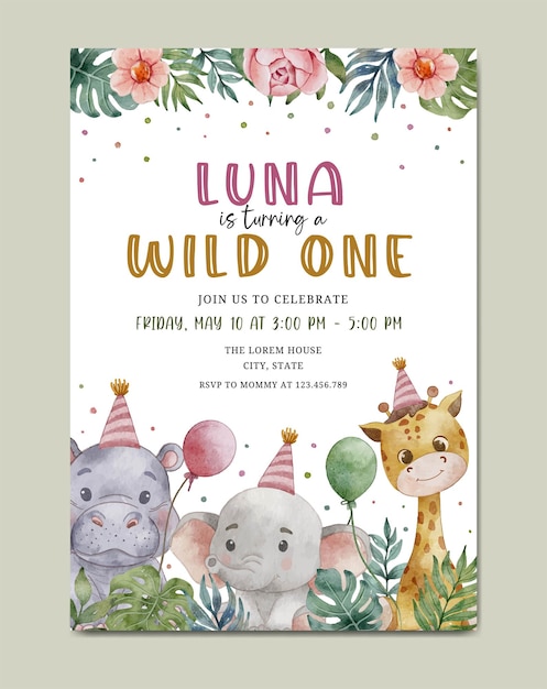 Birthday invitation card watercolor safari theme