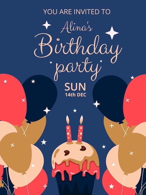 Birthday invitation card with colourful balloons and cake Vector Illustration