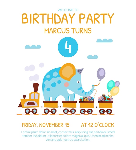 Vector birthday invitation card with cute funny elephant