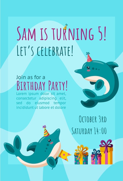 Vector birthday invitation card with cute little dolphins readymade invitation design with presents