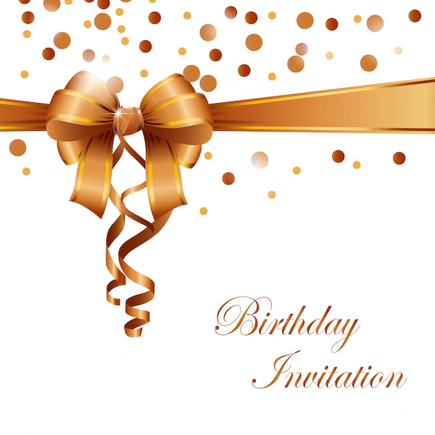 Vector birthday invitation card with gold ribbon