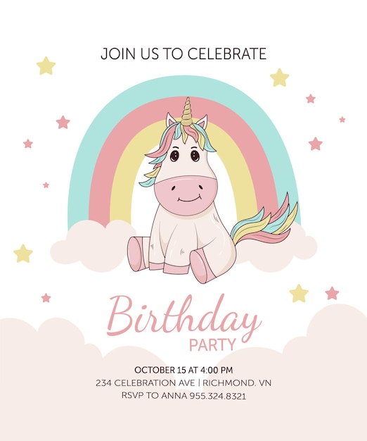 Vector birthday invitation card with rainbows clouds and hearts