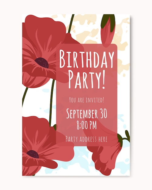 Birthday invitation card with red poppies Vector illustration