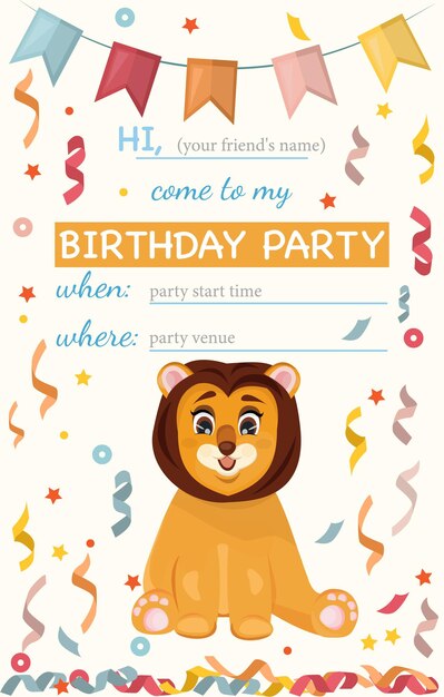 Birthday invitation for kids. Cute lion and confetti