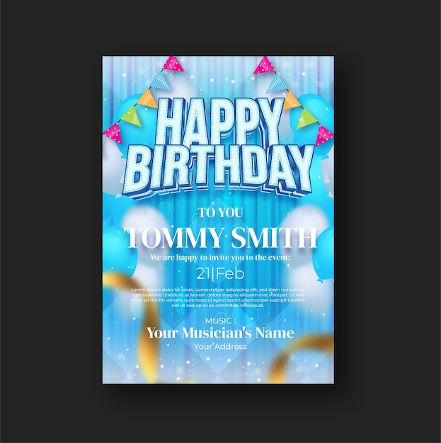 Birthday invitation realistic design template with ballon ribbon confetti