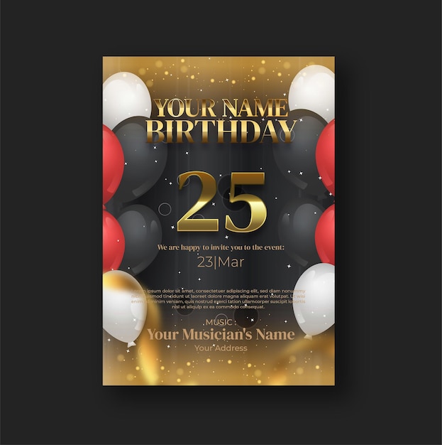 Birthday invitation realistic design template with ballon ribbon confetti