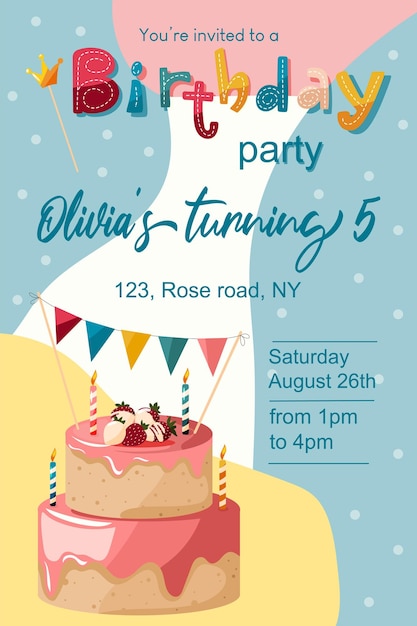 誕生日の招待状のテンプレートです。子供の誕生日パーティーのためのカラフルなベクター デザイン。