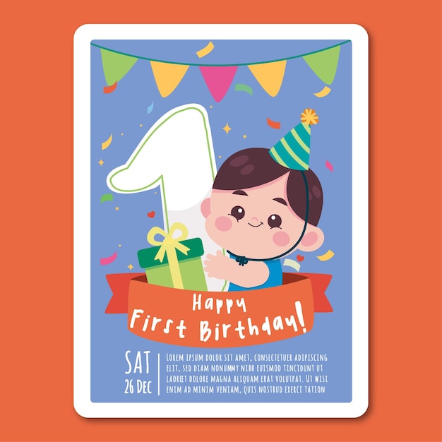 Birthday invitation template in flat style with cute illustration