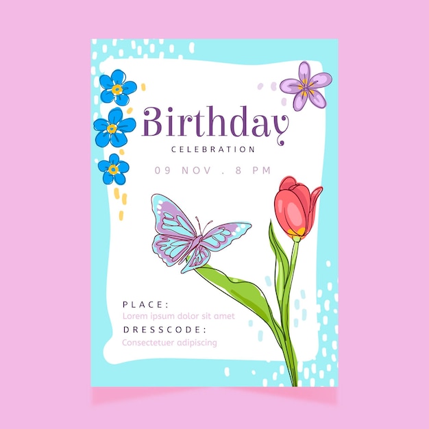 Birthday invitation template with flowers and butterfly