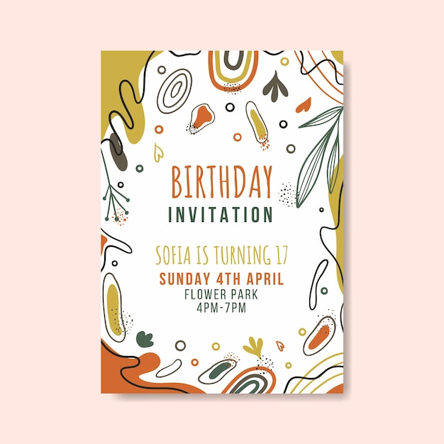 Birthday invitation template with hand drawn flat abstract shapes premium vector
