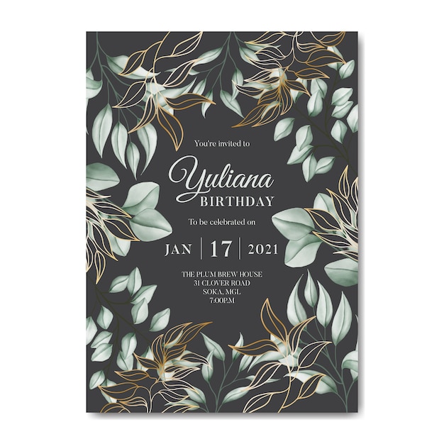 Birthday invitation template with leaves frame