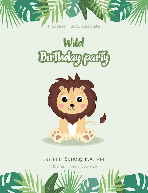 Birthday invitation templates with cute happy smiling cartoon character of a little lion