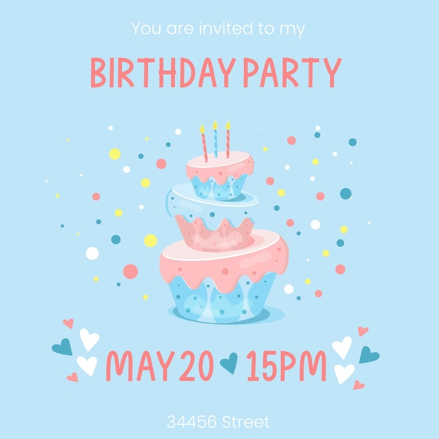 Birthday invitation with cake on blue background Party Vector illustration