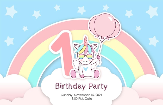 Birthday invitation with cute unicorn, balloons and clouds. First year of birth