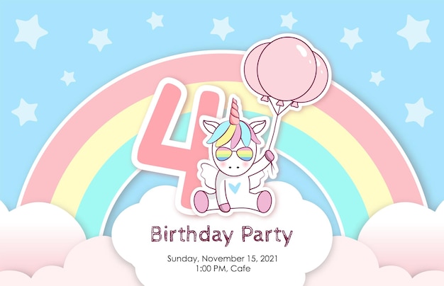 Invito di compleanno con unicorno carino, palloncini e nuvole. quarto anno di nascita