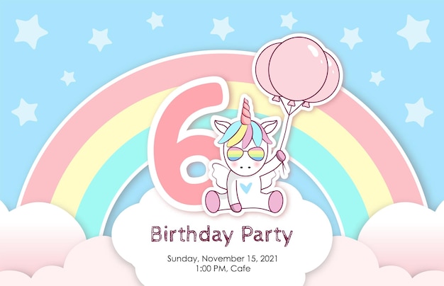 Invito di compleanno con unicorno carino, palloncini e nuvole. sesto anno di nascita