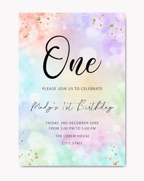 Vector birthday invitation with pastel rainbow watercolor background