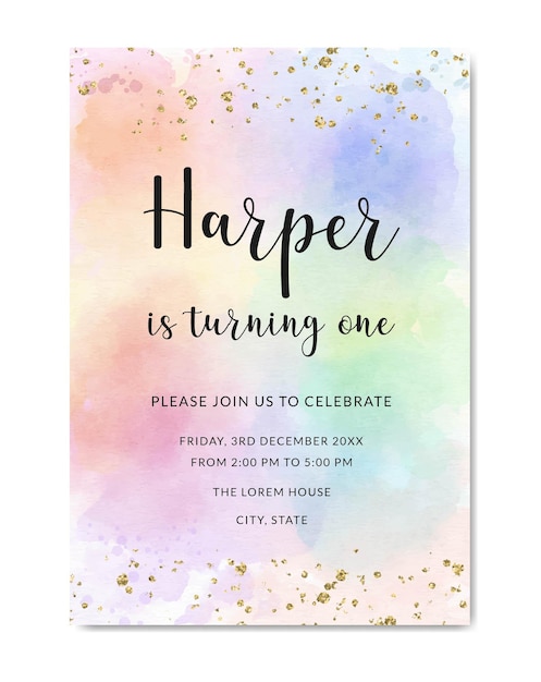 Vector birthday invitation with pastel rainbow watercolor background