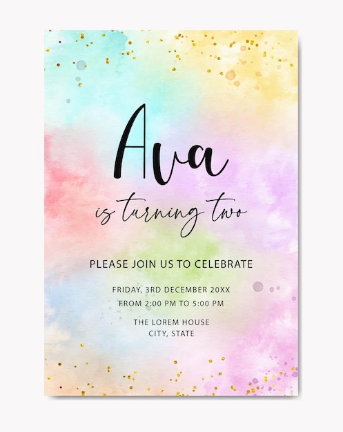 Vector birthday invitation with pastel rainbow watercolor background