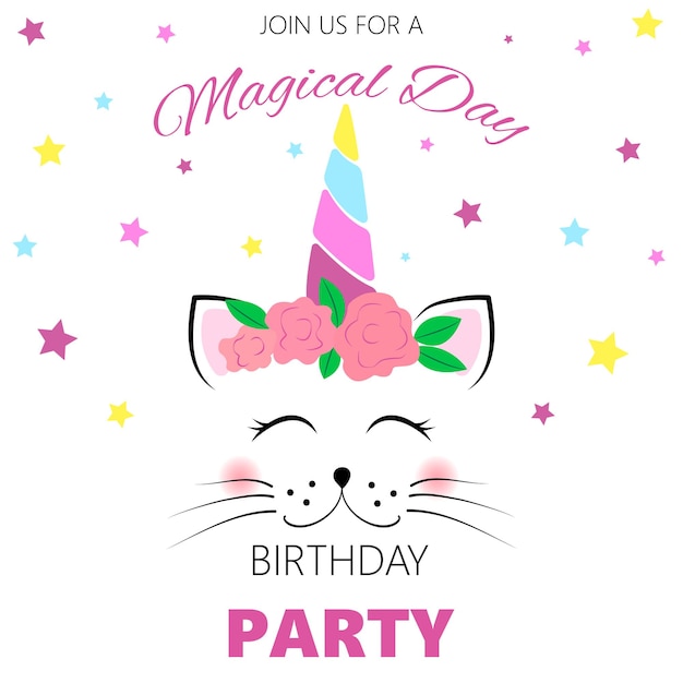 Birthday invitation with a unicorn cat in a wreath Children's birthday invitation template Cute unicorn cat Vector illustration