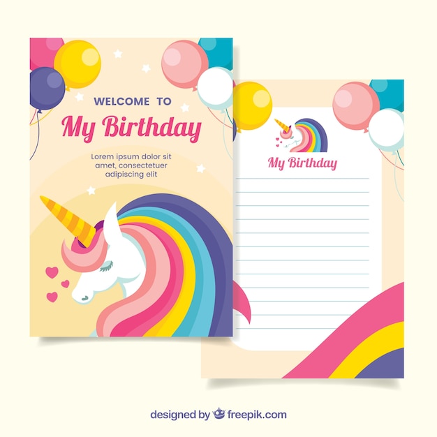 Vettore invito di compleanno con unicorni e palloncini