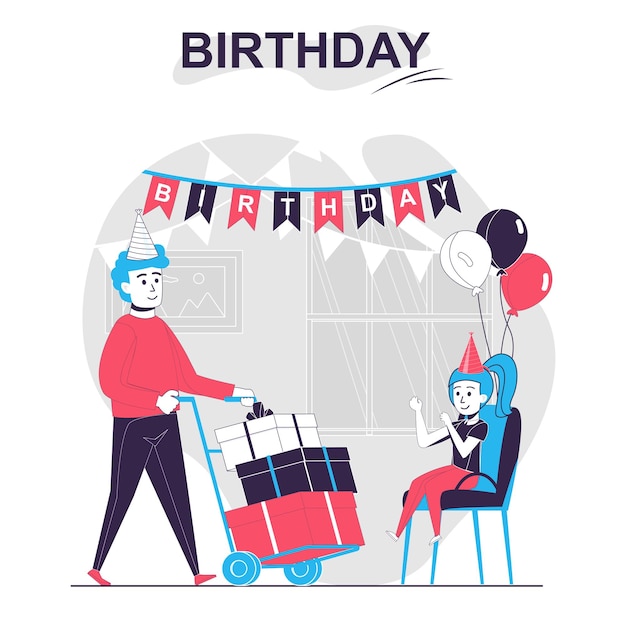 Vector birthday isolated cartoon concept father congratulates daughter and gives many gifts