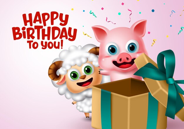 Birthday kids surprise animal party Happy birthday greeting text with gift elements and kids animal