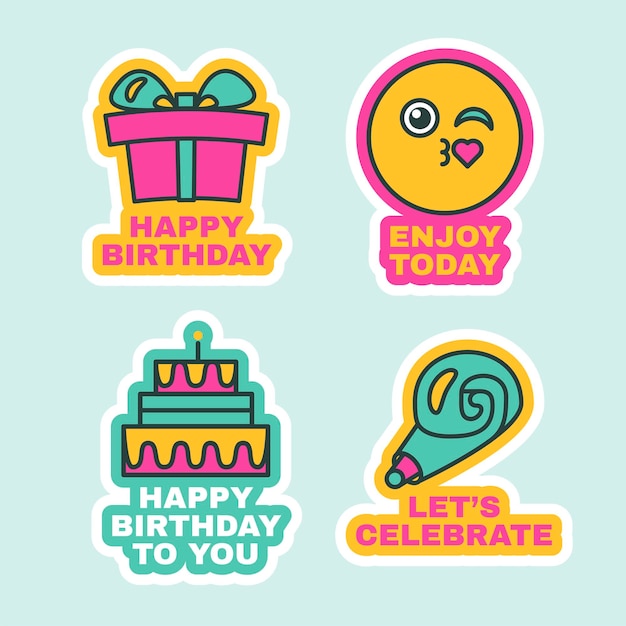 Birthday labels set, cute greeting stickers for messaging. cartoon badges. gift, cake, present signs for celebration event isolated. flat design vector illustration