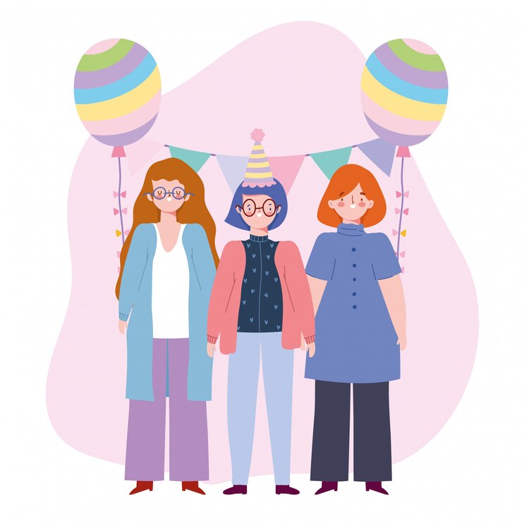 Vector 誕生日や会議の友人、帽子バルーンホオジロ装飾お祝いイラストとグループの女性