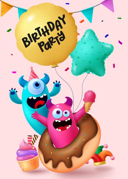 벡터 생일 괴물 벡터 포스터 디자인 재미있고 귀여운 풍선으로 날아가는 생일 파티 텍스트