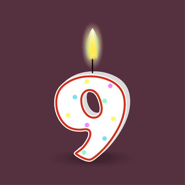 Birthday number nine candle with fire 3D number 9 Vector illustration EPS 10