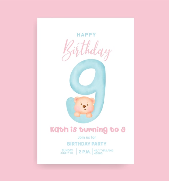 Birthday numbers with Cute teddy bear for birthday party invitation card .