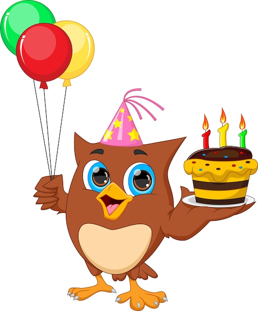 Birthday owl holding balloon and tart cartoon