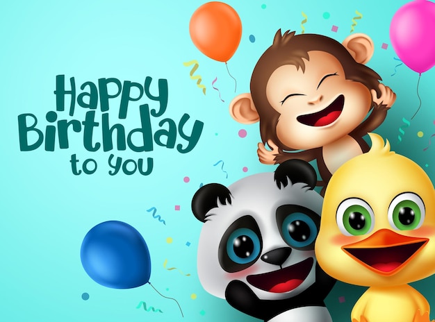 Birthday party animals character vector design Happy birthday text with friends surprise animal